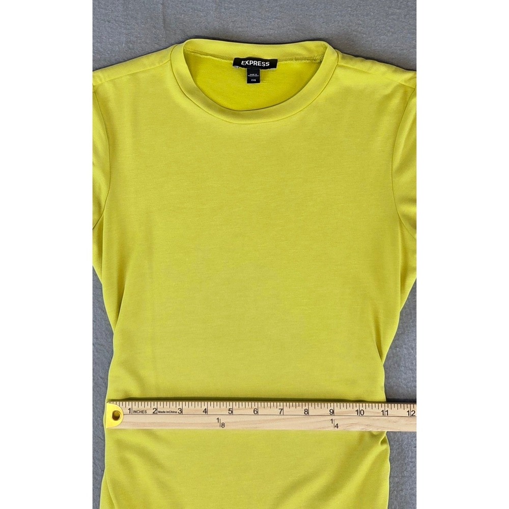Express T-Shirt Dress XXS Crew Neck Chartreuse Neon Yellow Ruched Beach Bodycon - Picture 5 of 8